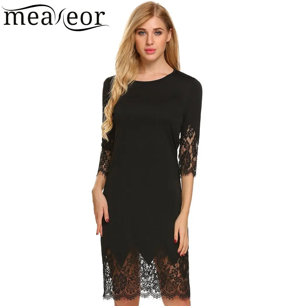 

Meaneor Fashion Women Dress Elegant O-Neck 3/4 Sleeve Women Dress Lace Patchwork Sexy Autumn Dress Loose Straight Party Dress