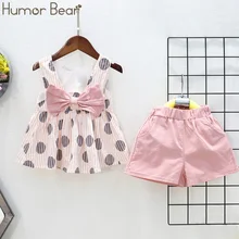 Humor Bear/ г. Новая одежда для девочек Летняя стильная футболка с большим бантом для девочек+ шорты, комплект одежды для детей, комплект одежды для девочек