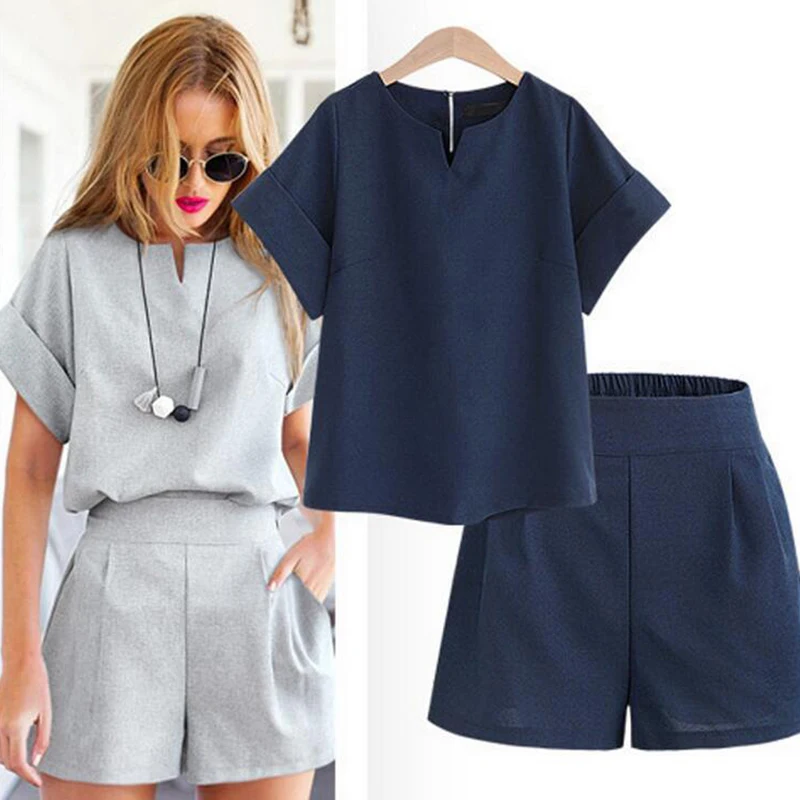 

2019 New Fashion Spring Summer Women Two Piece Set Casual Cotton Tops+Short Soild Female Office Plus Size Suit Short Sleeve Sets