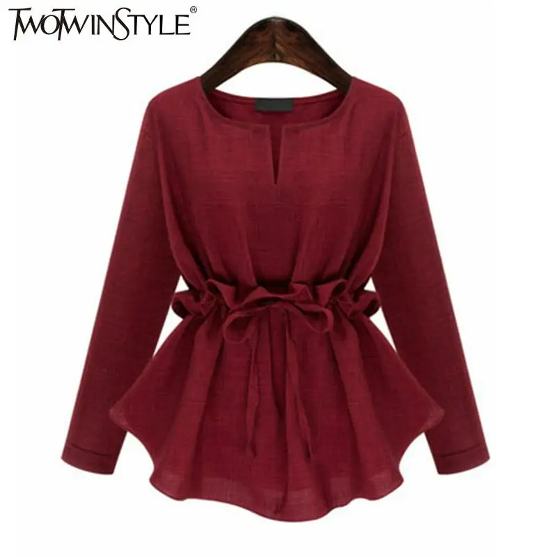 

TWOTWINSTYLE 2019 Women Long Sleeves Peplum Tops Blouse Shirts Lace up Ruffle Waist Tunic Female Clothes Korean Plus Size