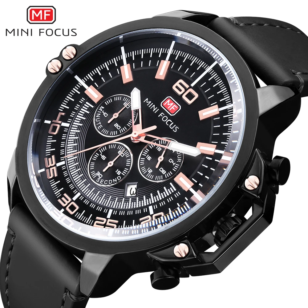 

MINI FOCUS Sporty Men Quartz Watch Genuine Leather Strap Black Dial Rose Index Design 24H Date Display Analog Wristwatch