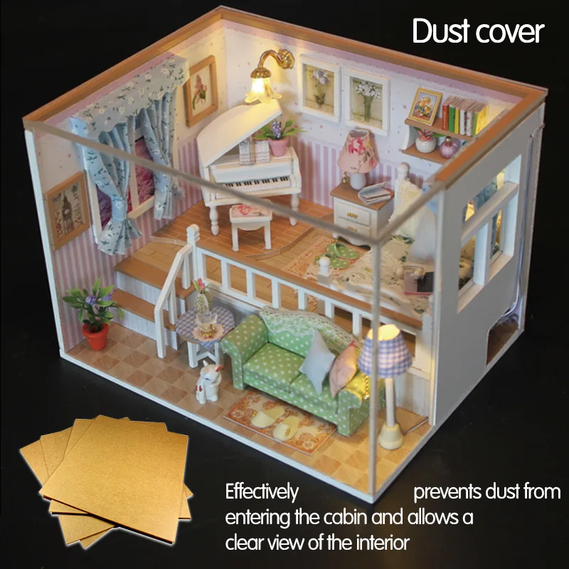 

DIY 3D Light Furniture Dust Cover Wooden Miniature House Because I Met You Dollhouse Christmas Toys for Children Birthday Gifts
