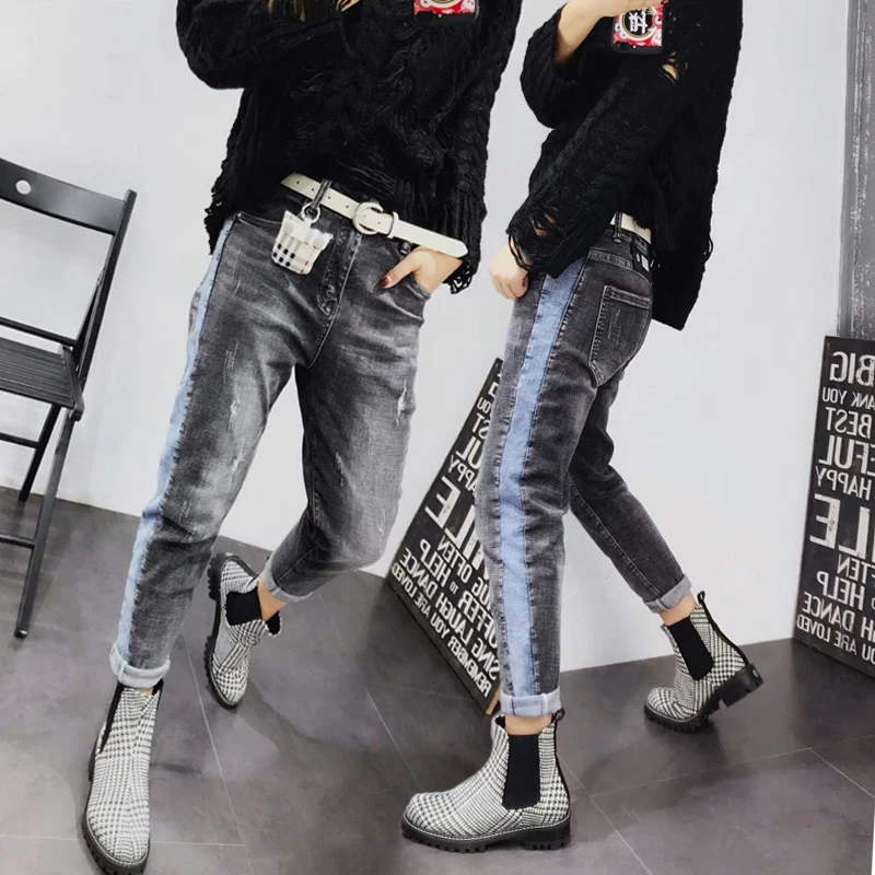 

Women Cross-pants Cotton High Waist Sashes Zipper Fly Button Pockets Bleach Wash Spliced Skinny Streetwear Spring Fashion