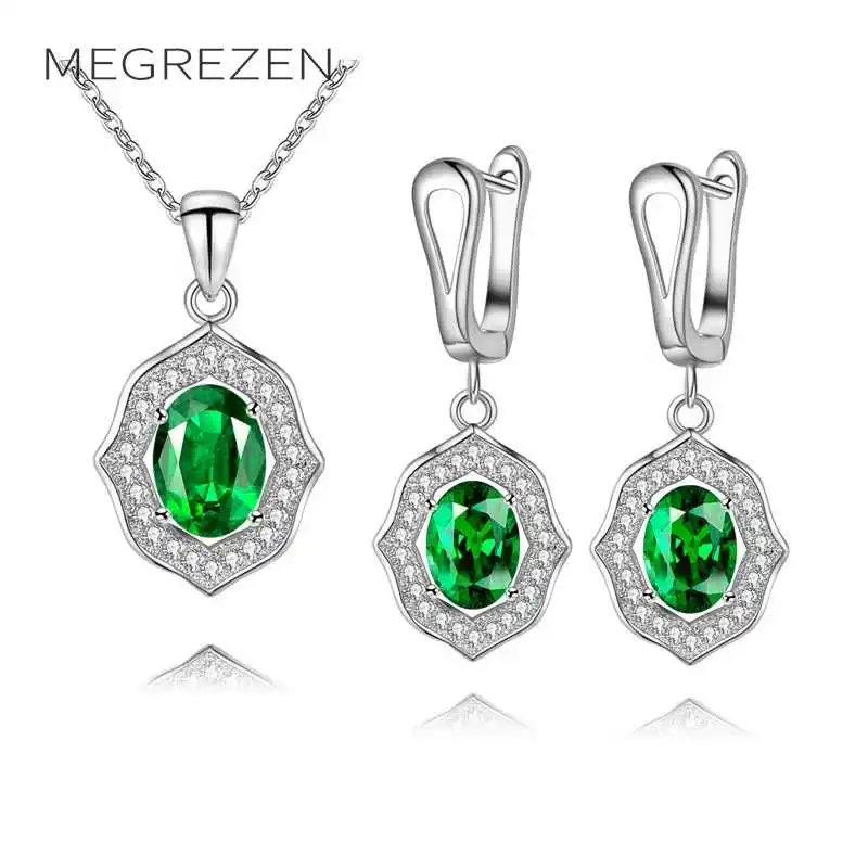 MEGREZEN Cubic Zirconia Wedding Jewelry Sets Green Stone Earrings And Necklace Costume Jewelery Conjunto Azul Joyeria Y-5 | Украшения и