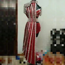 Bar Nightclub Women Concert Costume Red Black Purple Crystals Bikini Rivet Long Coat Dance Outfits Singer Dancer Sexy Stage Wear