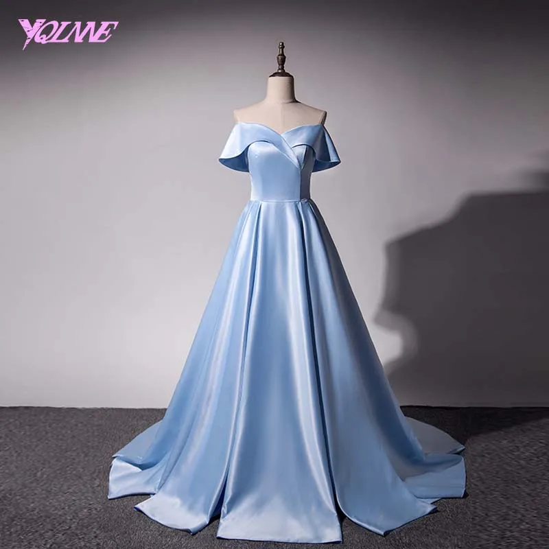 YQLNNE небесно-голубое длинное платье для выпускного вечера с открытыми плечами вечернее платье атласное платье - Цвет: Such as picture