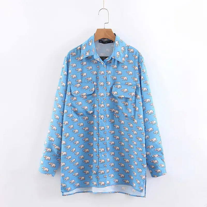 

women fashion animal print casual business blouse shirts women double pockets smock chemise long sleeve chic blusas tops LS3570