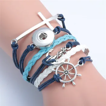 

Fashion Cross Anchor Leather Metal Diy 18mm Snap Button Interchangeable Bangles Jewelry Snaps Mulitlayers Wrap Bracelet