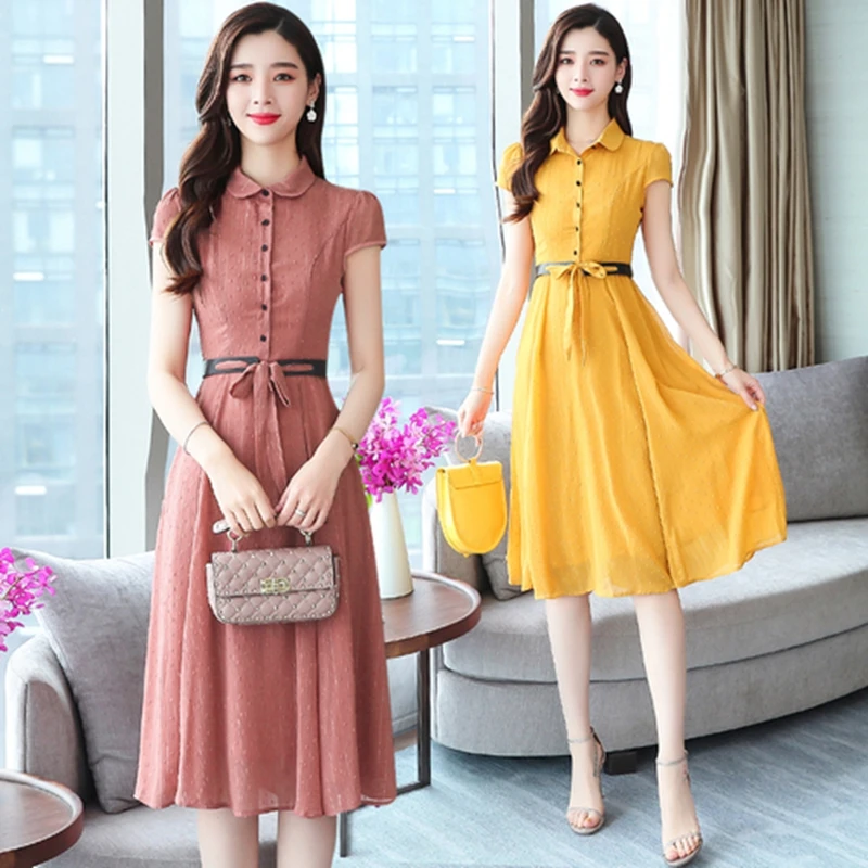 

Summer chiffon dress women retro short-sleeved slim shirt tunic dress office ladies Pink yellow long midi dress high quality