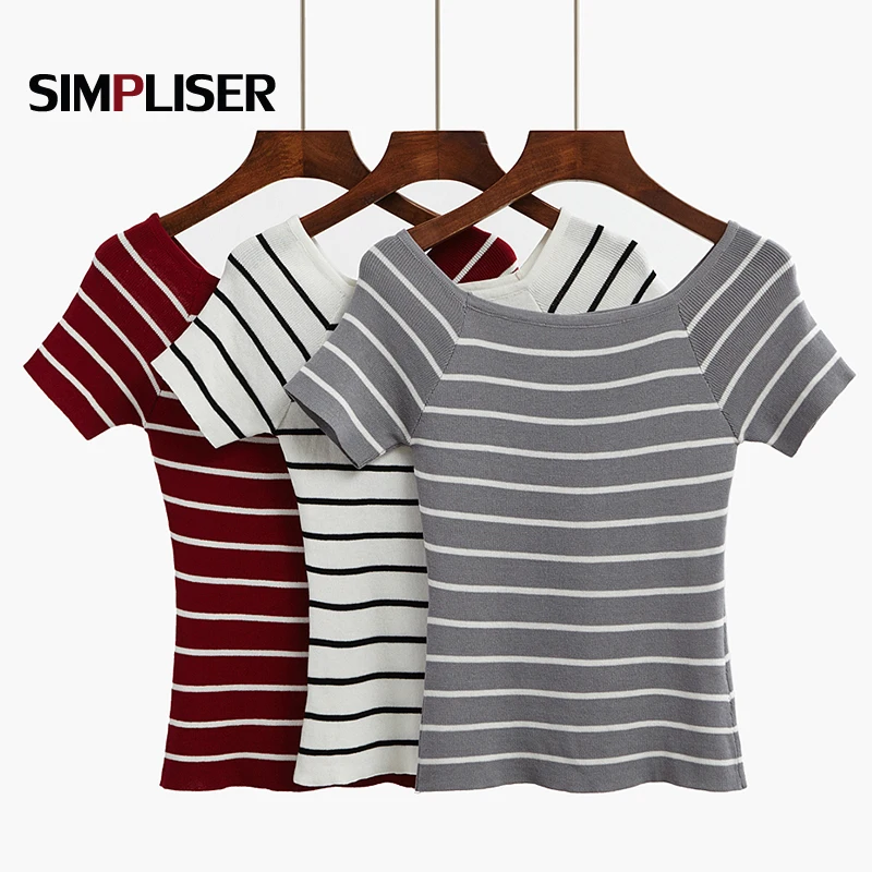 

Basic Knitting Tees Women 2019 Summer Off Shoulder Short Sleeve Pullovers Cool Sweaters Striped Femme Pull Black White Stretch