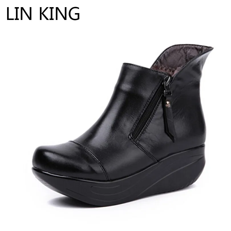 

LIN KING Warm Plush Women Boots Thick Sole Winter Shoes Zipper Wedges Platform Swing Shoes Plus Size Genuine Leather Ankle Boots