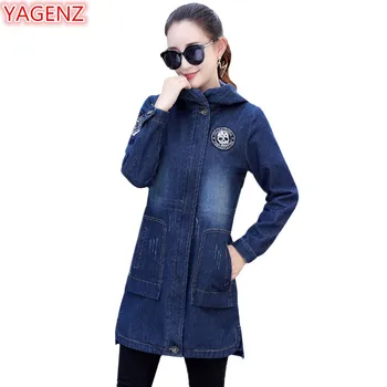 

YAGENZ 2018 New Spring and autumn Clothes Jeans Jacket Women Plus size Denim Jacket Tops Medium length Fashion Hooded Jacket 374