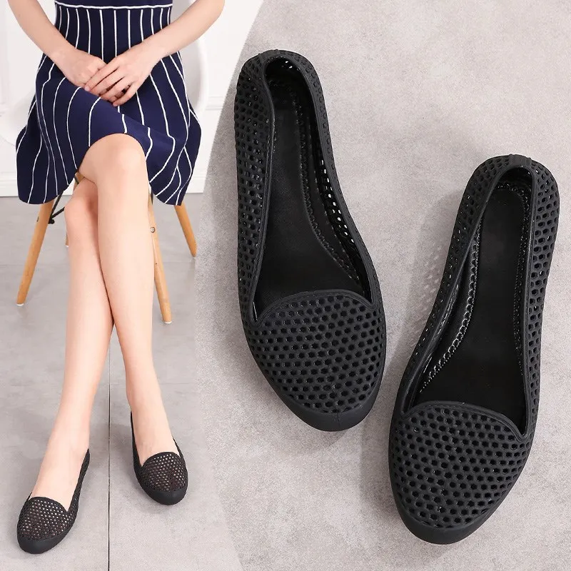 SLHJC; женская летняя прозрачная обувь на плоской подошве с круглым носком без застежки; Повседневные Удобные Пляжные сандалии для отдыха; лоферы на плоской подошве с перфорацией - Цвет: Черный