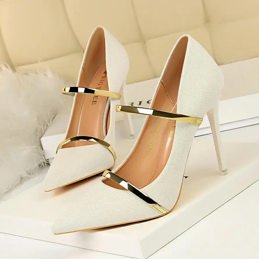 BIGTREE/расшитая блестками тканевая женская обувь Туфли-лодочки на высоком каблуке золотистого цвета с двумя ремешками элегантные вечерние свадебные туфли с острым носком для женщин - Цвет: Белый