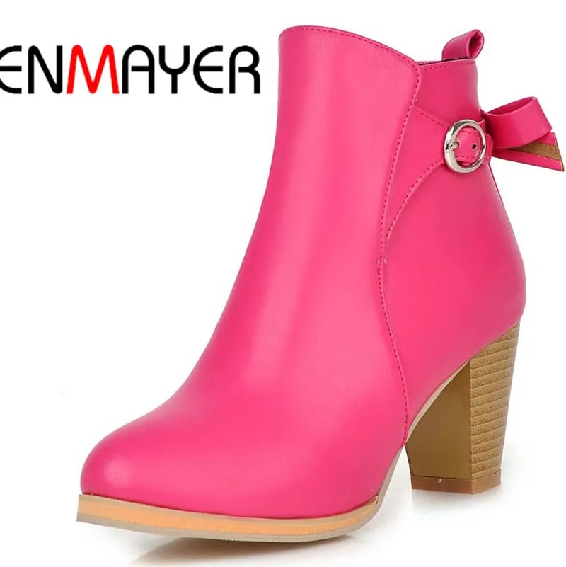 

ENMAYER Round Toe Bow Fashion Square heel High Boots Big Size34-43 Platform Winter Soft Leather Ankle Martin Boots Shoes Women
