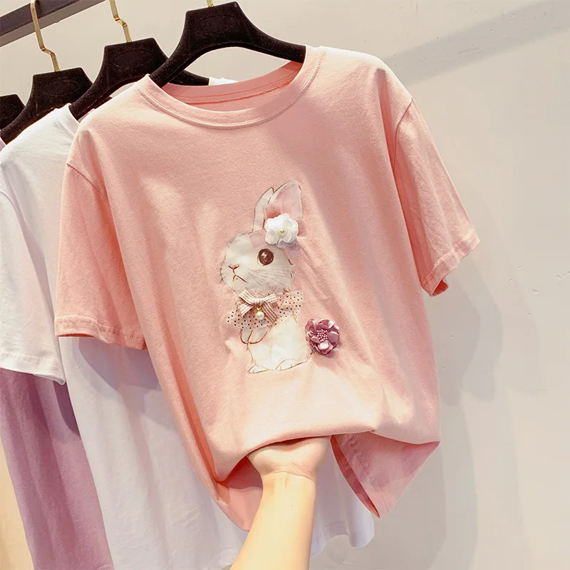 

Summer New Cute Print Rabbit T-shirt Female Short-sleeved Beaded Flower Decorative Shirt Loose Bottoming T-shirt Cotton Top