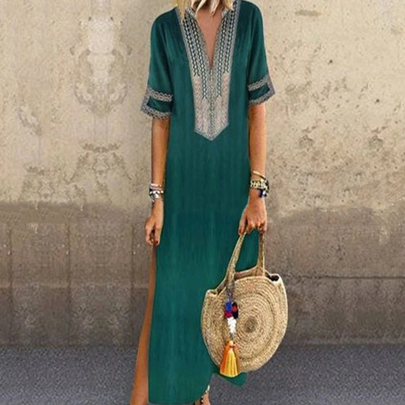 

Summer Women Long Dress Side Split Print Dress Half Sleeve V Neck Boho Beach Casual Maxi Dresses Vestidos