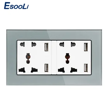 

Esooli Tempered Glass Panel Wall Socket Dual Universal 5 Hole Power Outlet With 4 USB Smart Induction Charger Port for Mobile
