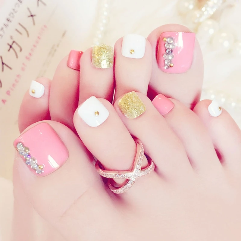 

24Pcs / Set Pro Foot False Nail Tips Rhinestone Fake Toes Nails Toe Art Tool J59