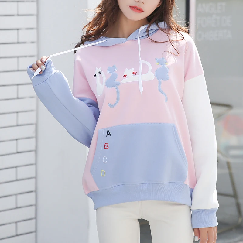 

Autumn Winter Harajuku Fashion Women Hoodies Cute Cartoon Spell Color Hooded Student Sweatshirt Sweet Loose Women Pullovers