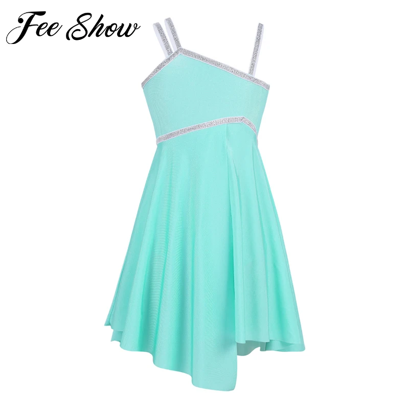 Асимметричное Платье на лямках для девочек-подростков; блестящее балетное танцевальное платье-пачка; гимнастическое трико; латинский сценический костюм для выступлений