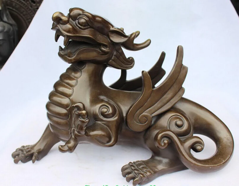 

005578 19" Pure Bronze Fly Dragon Beast Pixiu Unicorn Kylin Brave troops Kirin Statue