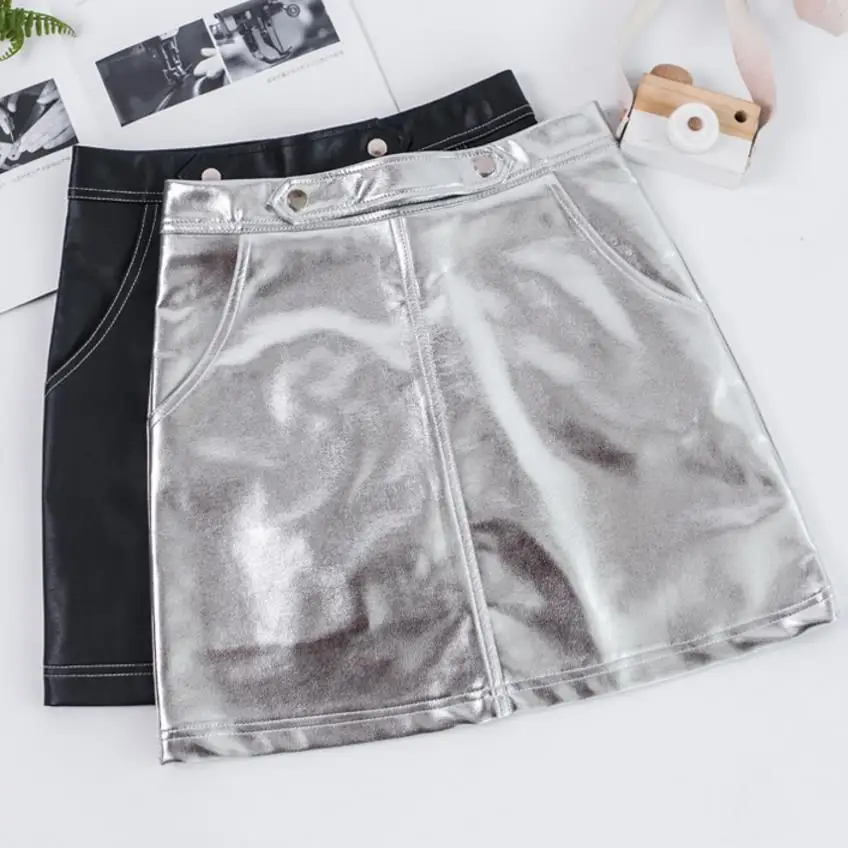 

2018 summer Silver leather skir high waist package hip skirt Slim pu leather a-line mini skirt plus size 2XL