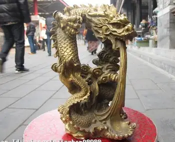 

11"Chinese Pure Brass exquisite Carved Fly Dragon God spit water Art Statue