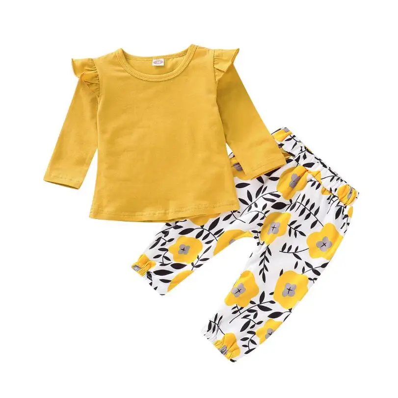 

Infant Baby Girl Clothing Sets Toddler Girl Outfits Ruffle Sleeve T shirts Pants Yellow Set New Born Clothes Print Flower Sets