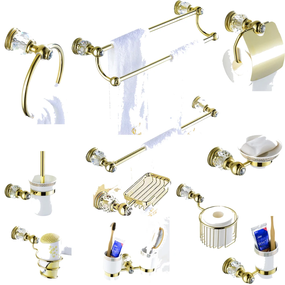 Leyden Copper&Crystal Bathroom Hardware Sets Pickaxe Gold Wall Mounted