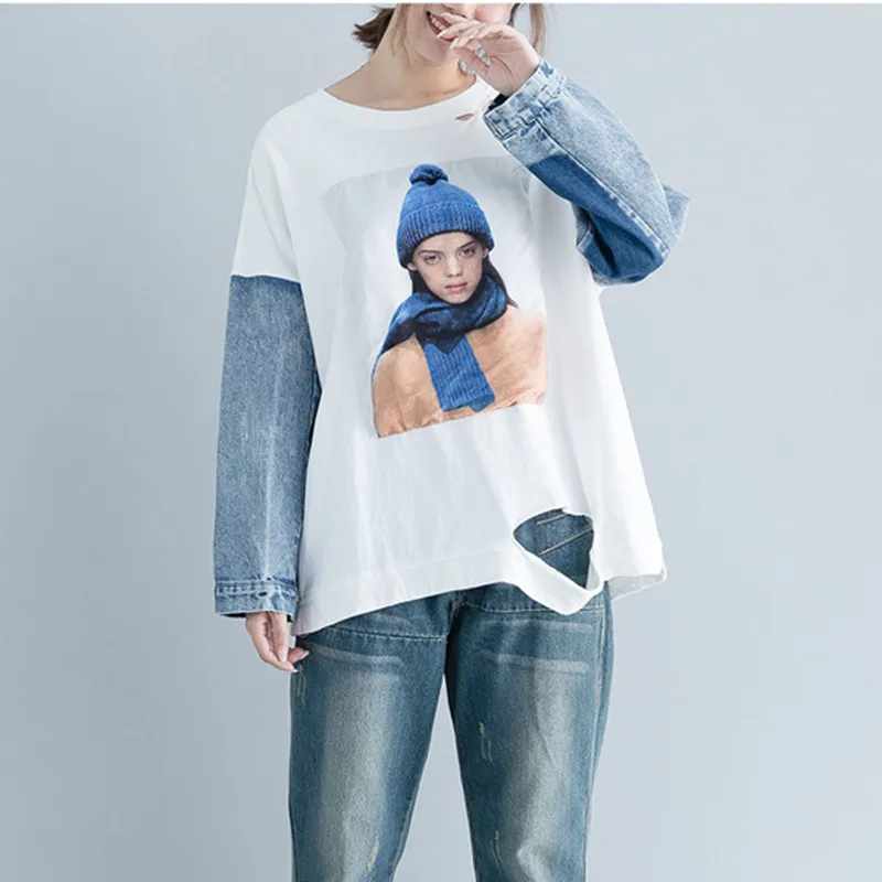 

Johnature Autumn 2019 New Casual O-neck Full Sleeve Fashion Hole Women Top Characther Print Pathcwork Hit Color T-Shirts