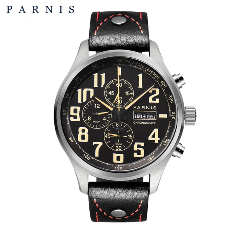 

43mm Parnis Brand Quartz Watch Men Three Small Dial Chronograph Week Calendar 100M Leather Quartz Pilot Military Men's Watches