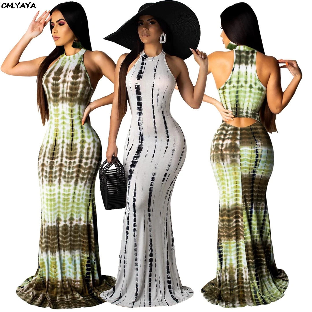 

2019 women new wave paisley print sleeveless cut out back mermaid floor length maxi dress party club night long dresses R6156