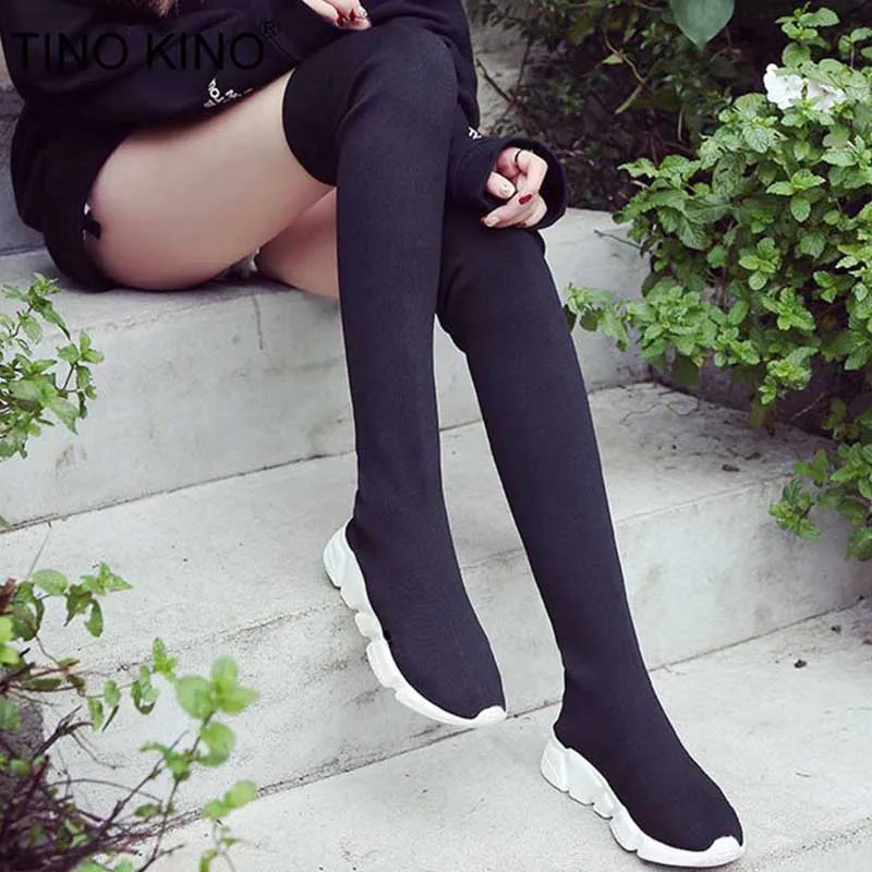 

TINO KINO Women Platform Spring Over The Knee Boots Female Stretch Fabric Slim Sock Boot Slip On Low Heels Ladies Comfort Shoes