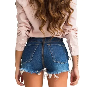 

2019 Sexy back zipper blue woman denim shorts Ladies Minipant Ripped Hole Zipper Hair Light Blue Short Jeans Slim Cowboy Bottoms