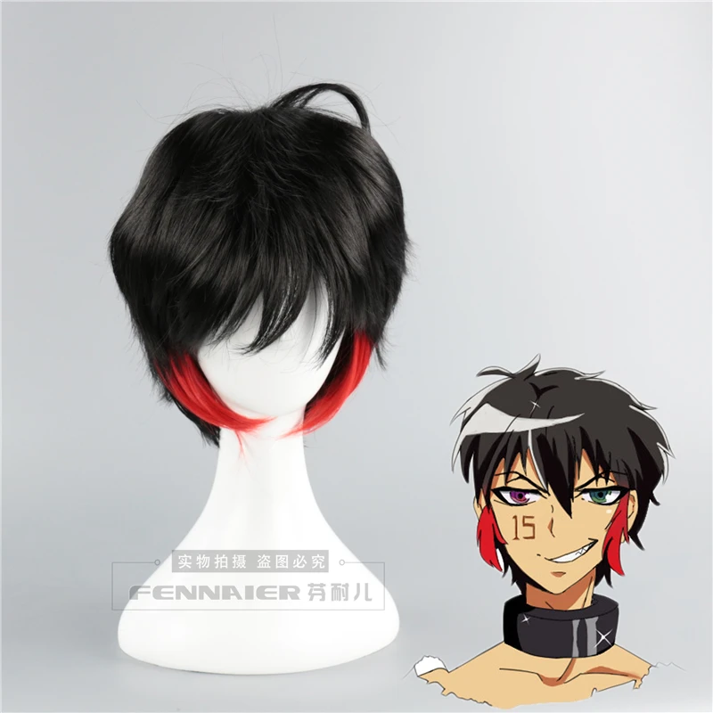 

Short Black Red Mix Layered Synthetic Hair Detentionhouse Nanbaka Jyugo No.15 No.25 Niko NO.69 Rock Cosplay Wig+Wig Cap
