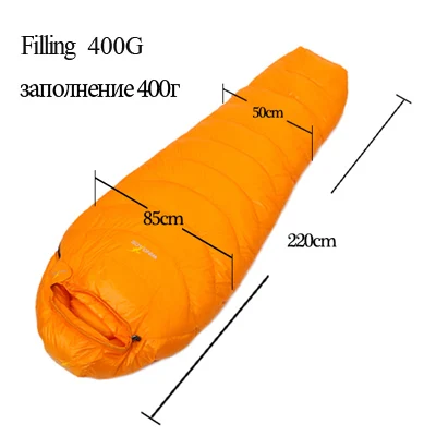 WINGACE заполнить 400 г 600 800 гусиный пух спальный мешок Мумия Сверхлегкий hike uyku tulumu открытый оборудования кемпинг спальный мешок - Цвет: orange 400G 220CM