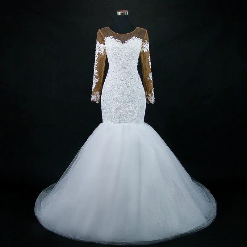 New Arabic African Long Sleeve Mermaid Wedding Dress 2020 Sheer Neck Crystals Beading Wedding Gowns