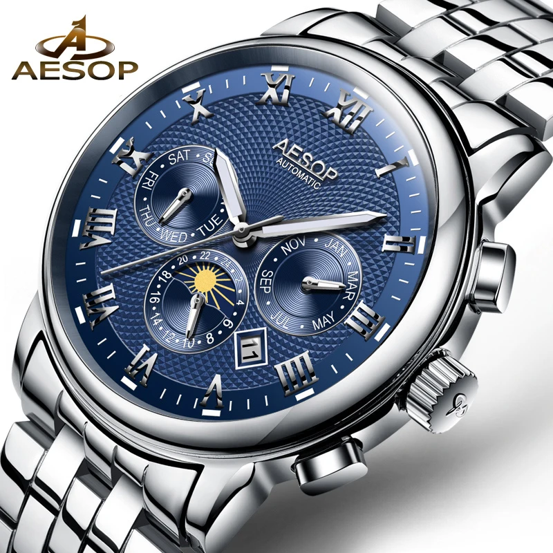 AESOP Fashion Men Watch Men Automatic Mechanical Moon Phase Wrist Wristwatch Stainless Steel Male Clock Relogio