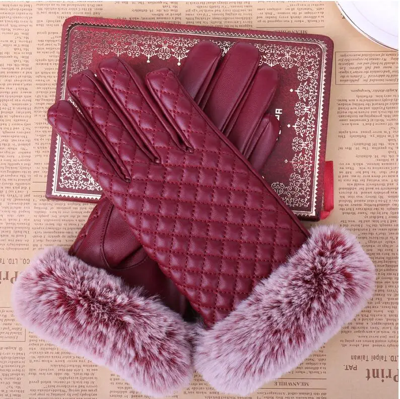 wine red Осенне-зимние женские перчатки из искусственной кожи, из искусственного меха кролика Рекс, теплые бархатные перчатки, женские зимние водительские перчатки - Цвет: wine red