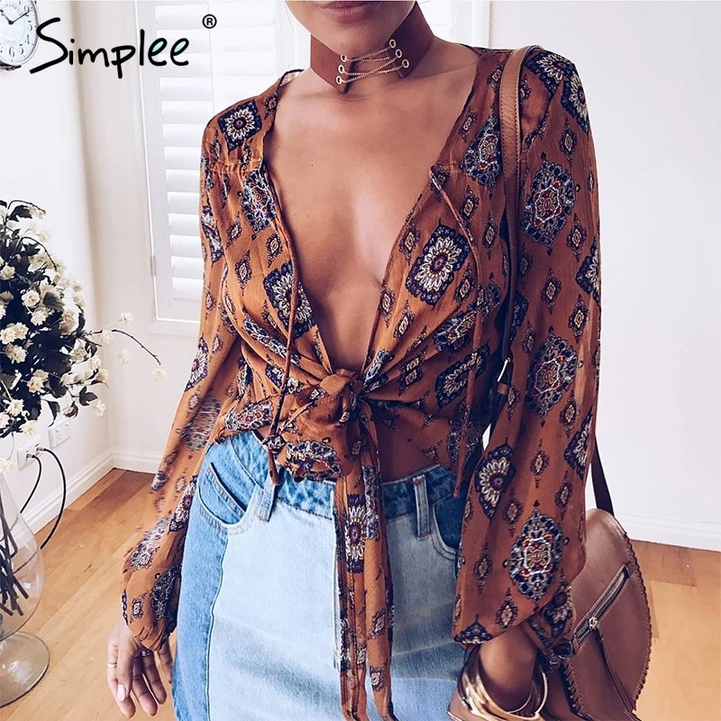 Женская шифоновая блузка Simplee с принтом рубашка глубоким треугольным вырезом