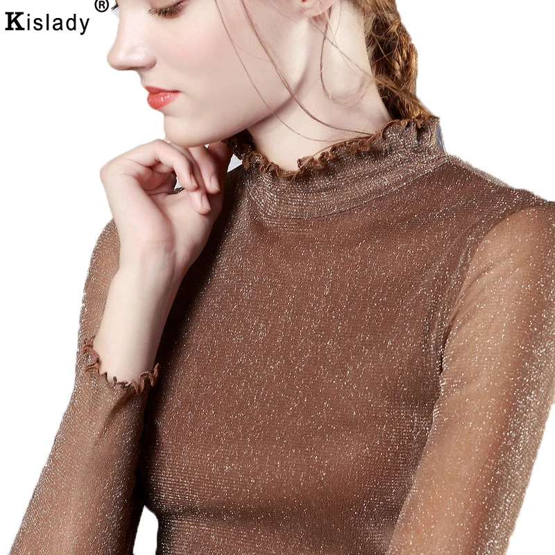 

Kislady 2018 Spring Autumn Female Mesh Shining Silk Shirt Women's Long Transparent Sleeve Turtleneck Bottom Shirt Plus Size XXXL