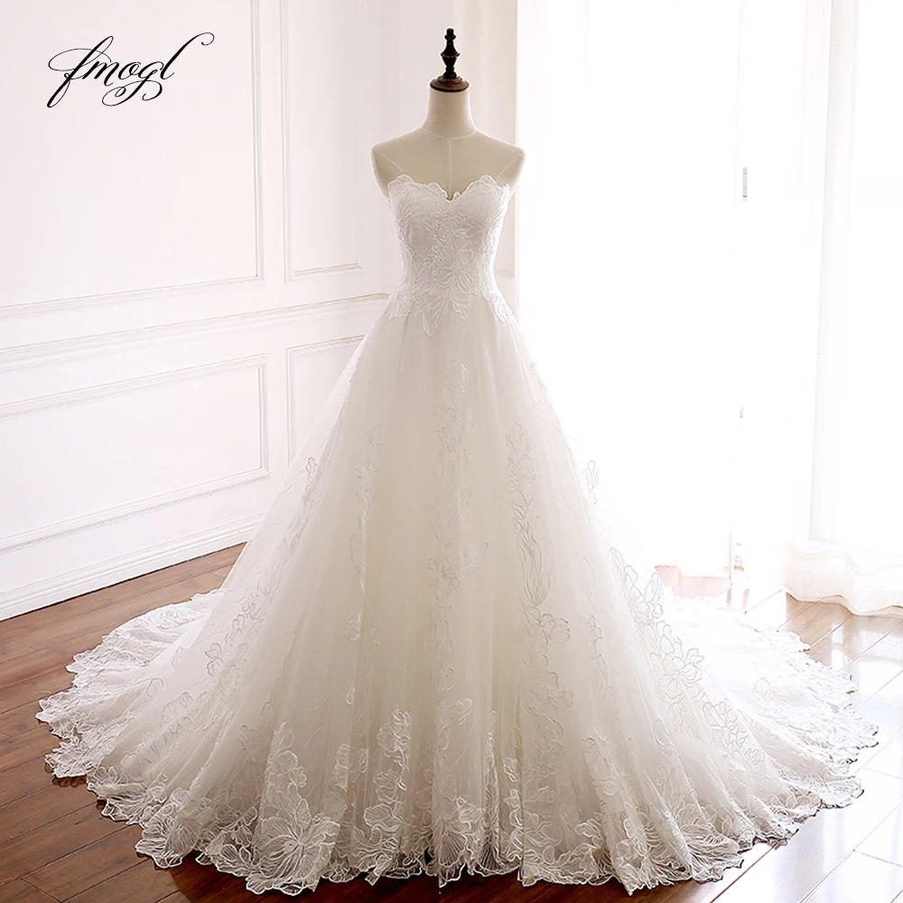 

Fmogl Vestido De Noiva Sweetheart Lace Wedding Dresses 2019 Appliques Sexy Backless Off The Shoulder A Line Bridal Dress