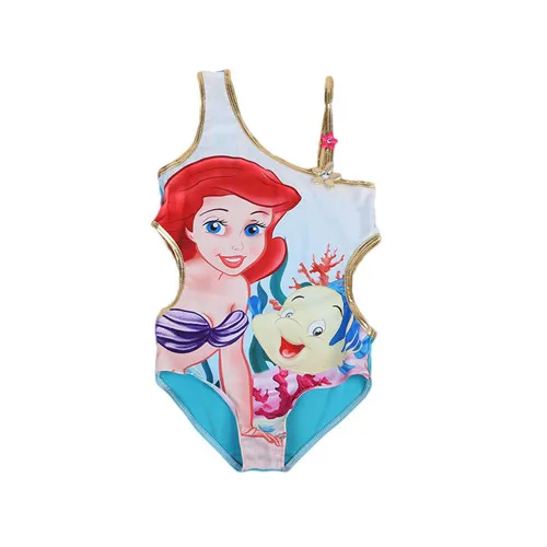 Цельный купальник с растительным узором Русалочки для маленьких девочек, купальные костюмы на одно плечо, пляжная одежда для детей, купальные костюмы - Цвет: Синий