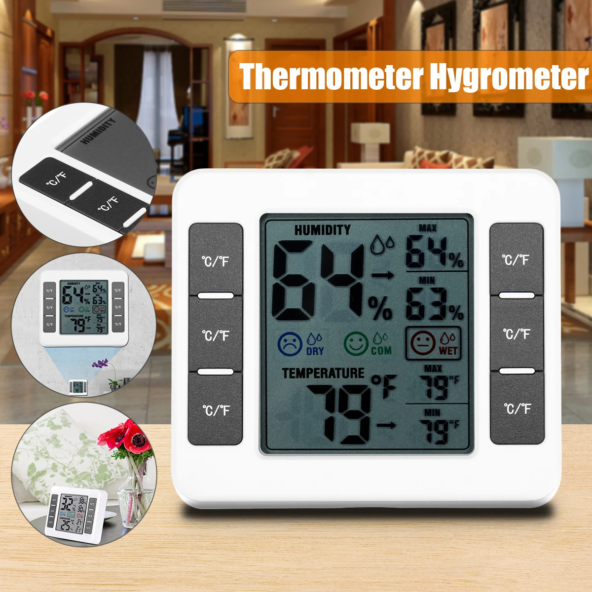 

LCD Digital Thermometer Hygrometer Indoor Bedroom Temperature Humidity Meter Weather Station Livingroom Babyroom Bathroom Garden