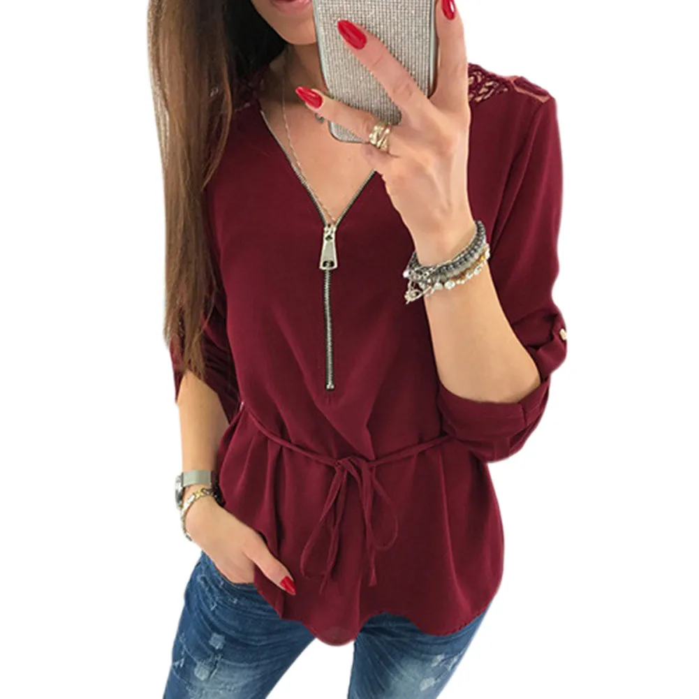 Women Autumn T Shirts V Neck Long Sleeves Zipper Pullover
