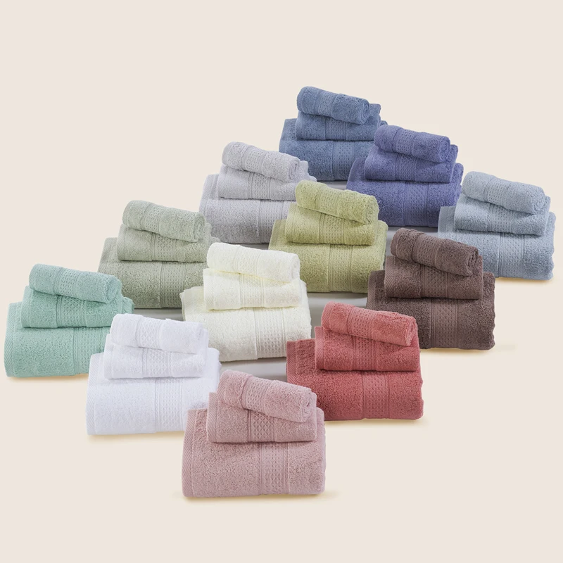 

3 sets / lot Towel Set Pure Solid 12 Colors 100% Cotton Soft Bathroom Bath Face Towel Sets for Adults Kids