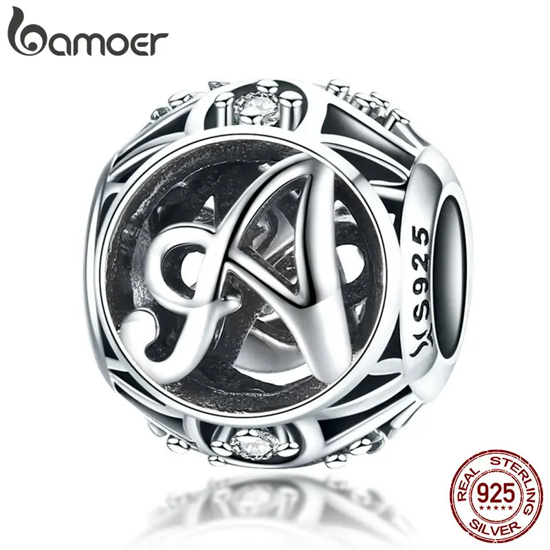 BAMOER Authentic 925 Sterling Silver Vintage A to T, Clear CZ Alphabet Letter Beads Fit Charm Bracelets DIY Jewelry SCC738