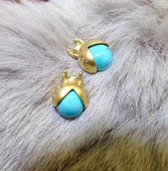 

natural turquoise stud earring 18K yellow gold scarab ladybird insect stud earring fine women jewelry free shipping