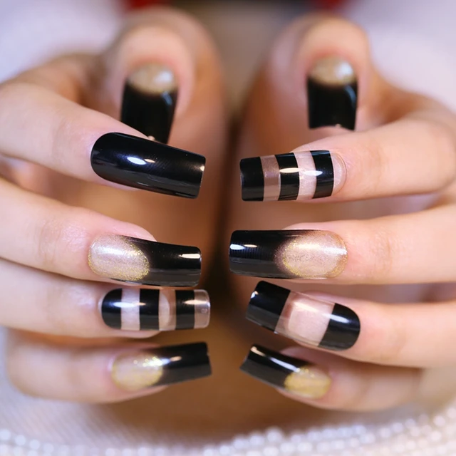 Por Artificial Clear False Nails Black Thick Stripes Glitter Por Artificial Clear False Nails Black Thick Stripes Glitter Gold French Flat Fake Press On